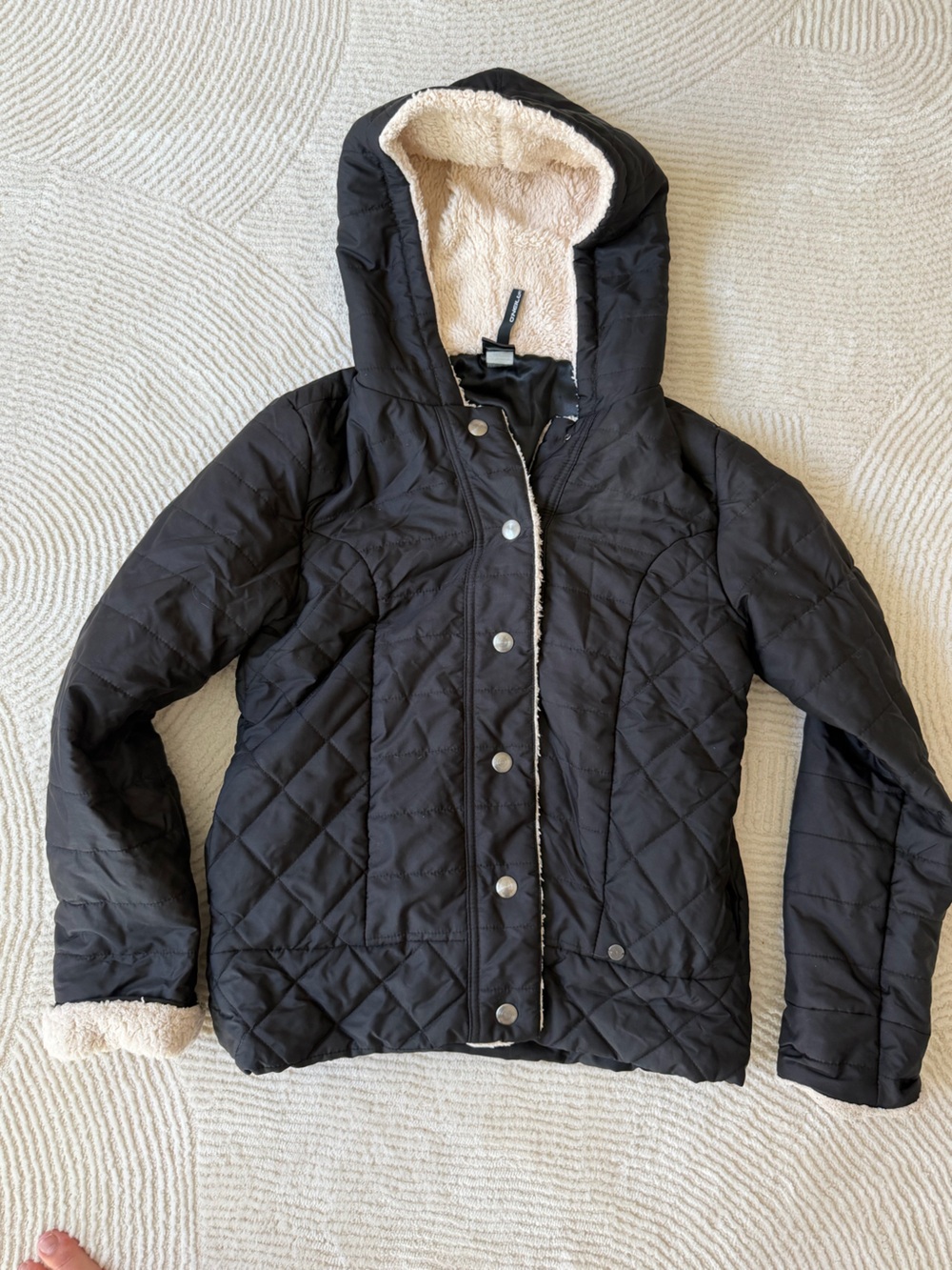 O’niell Quilted Black Women's Coat with Sherpa Collar, M
